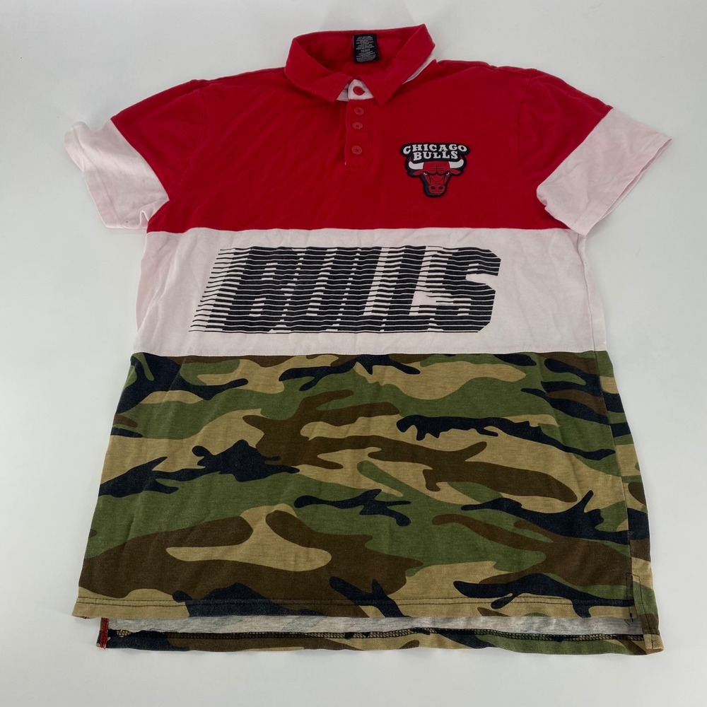 Chicago Bulls Polo Shirt‎ Mens Large Red White Camo NBA Basketball Short Sleeve